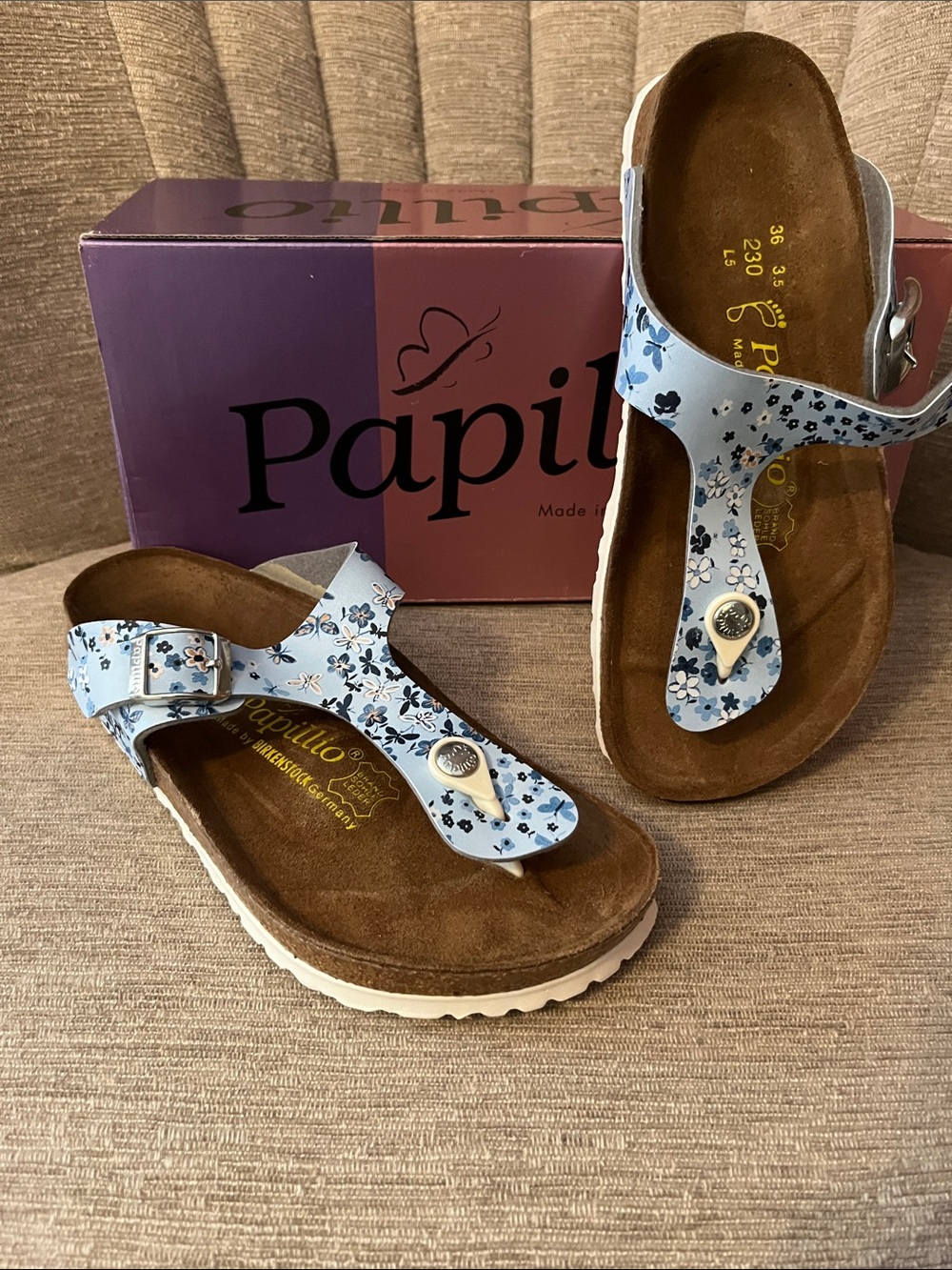 Papillio Blue Floral T-strap Sandals